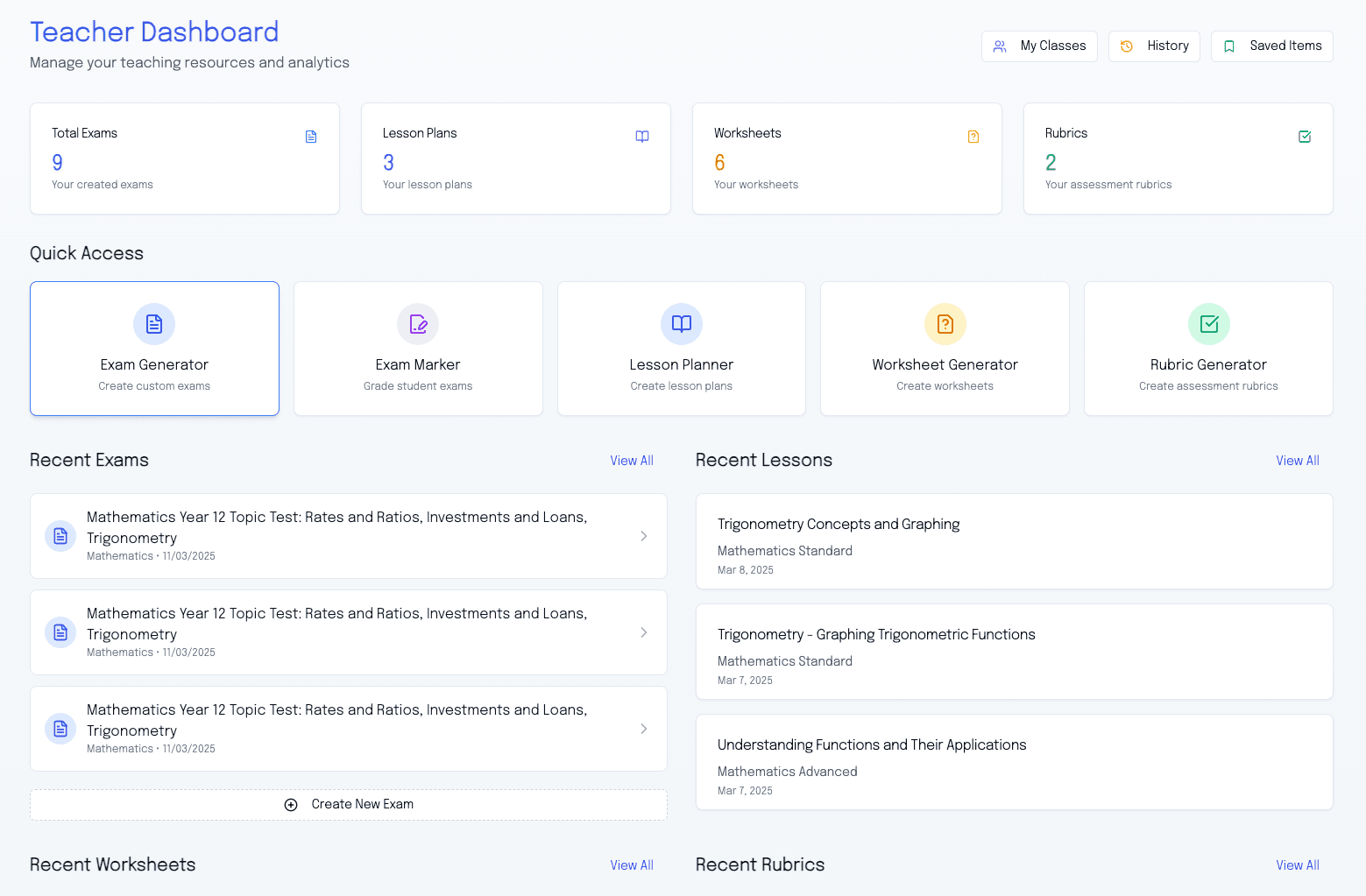 School administrator dashboard summarising teacher activity